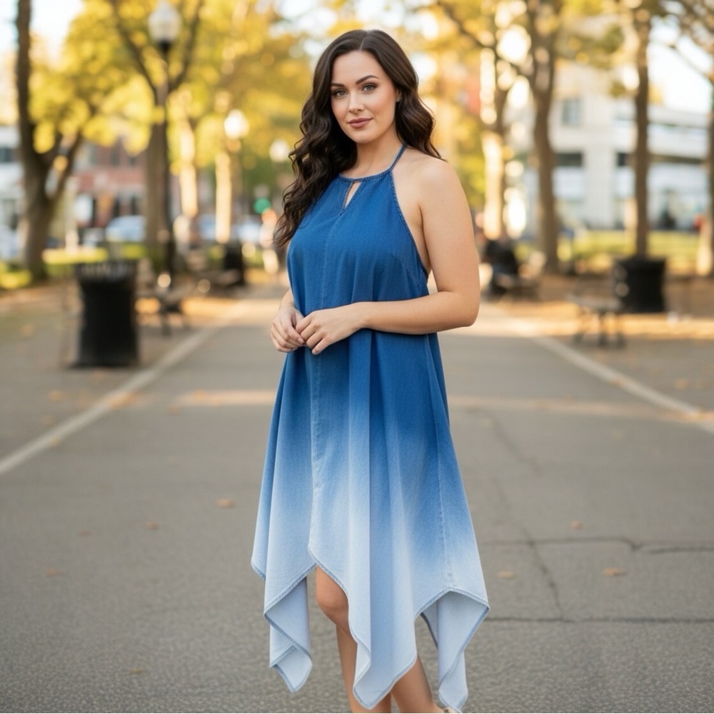 INC Denim Ombre Handkerchief Hem Sleeveless Halter Dress XL